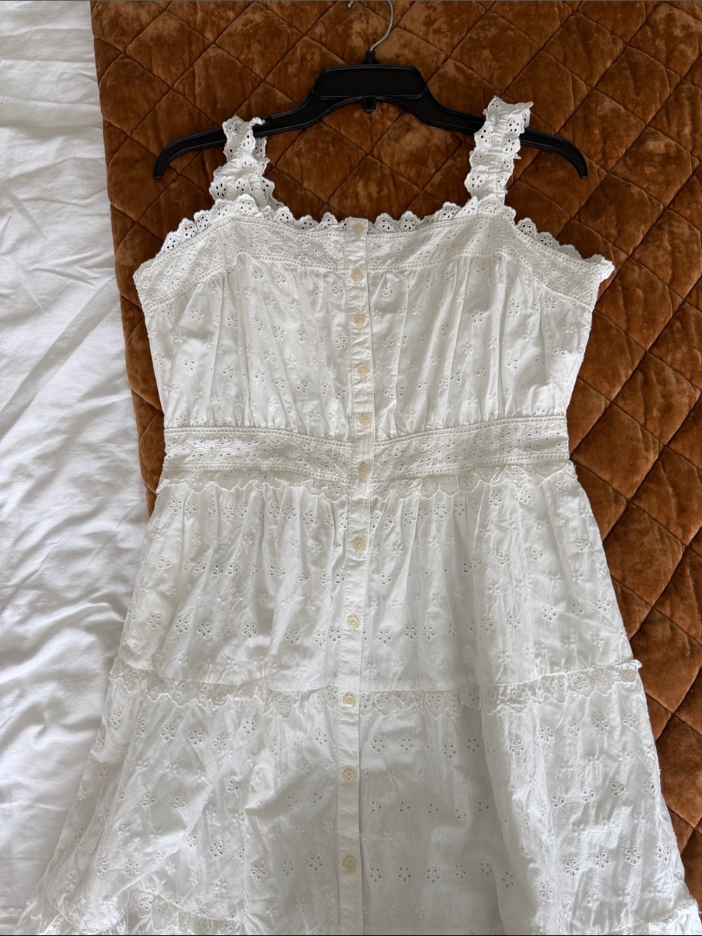 White Eyelet Button-Front Cotton Chemise with Lace Trim